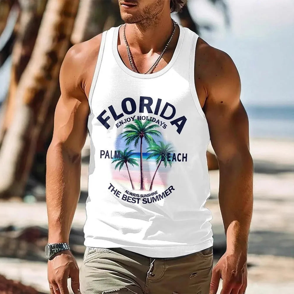 Men's solid colour Hawaiian style sleeveless vest t-shirt made from polyester pinhole cloth