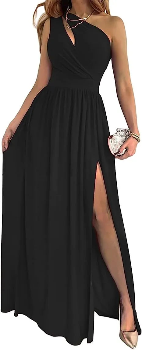 Women's one shoulder high split cocktail maxi dress in soft fabric