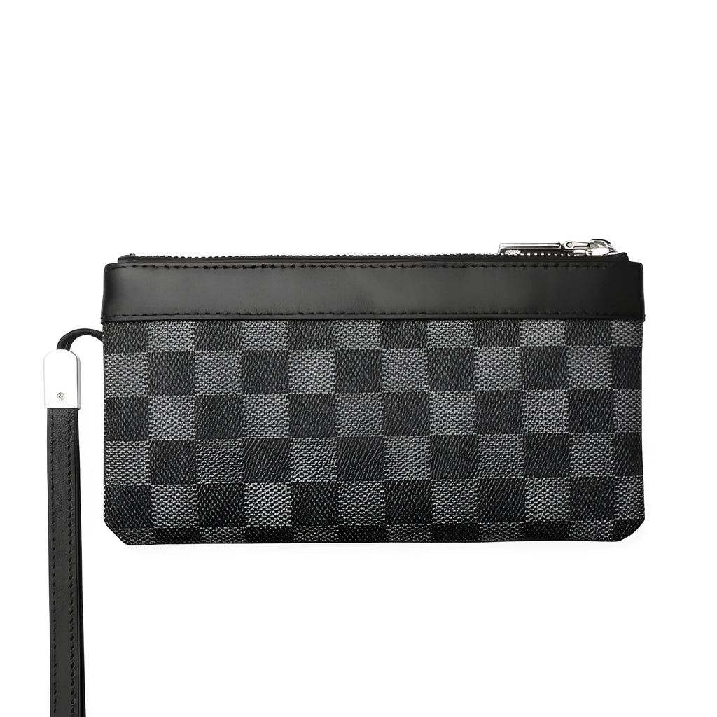 Black plaid men's leather clutch wallet showing dimensions and cowhide texture