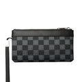 Black plaid men's leather clutch wallet showing dimensions and cowhide texture
