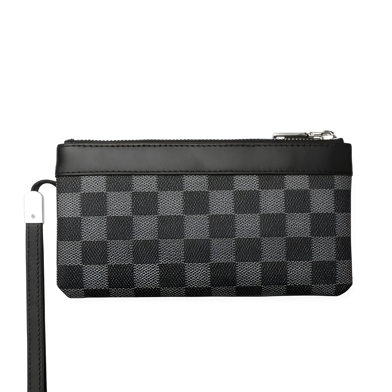 Black plaid men's leather clutch wallet showing dimensions and cowhide texture
