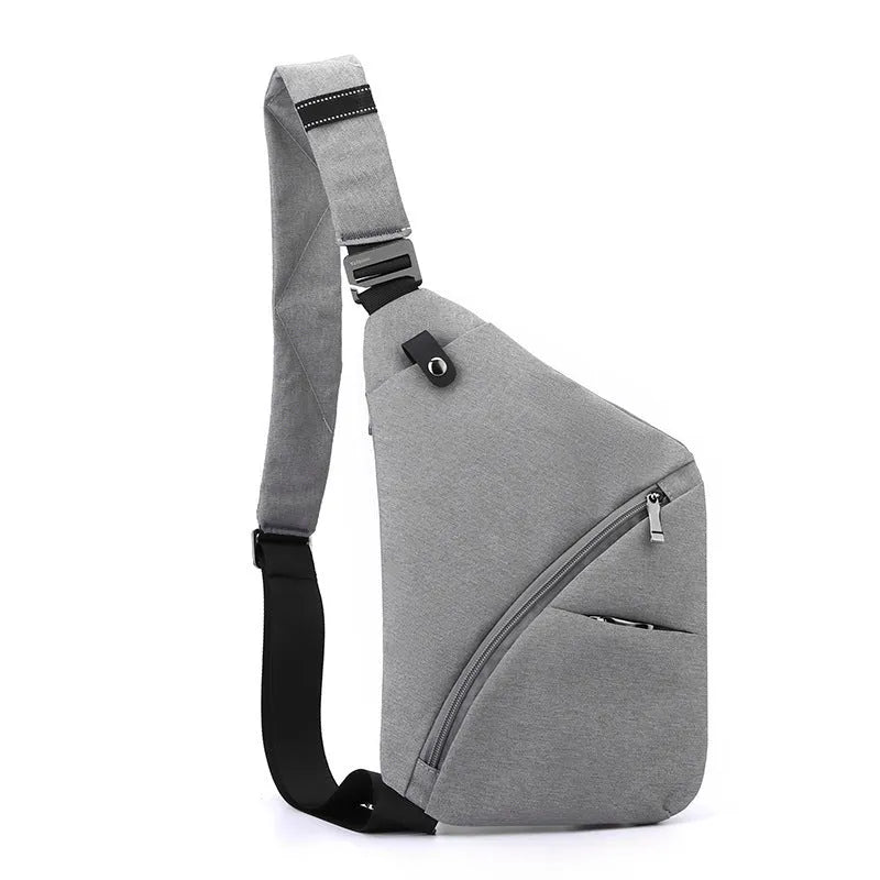 Men's Oxford cloth chest bag with single shoulder strap in grey or black colour with letter pattern.