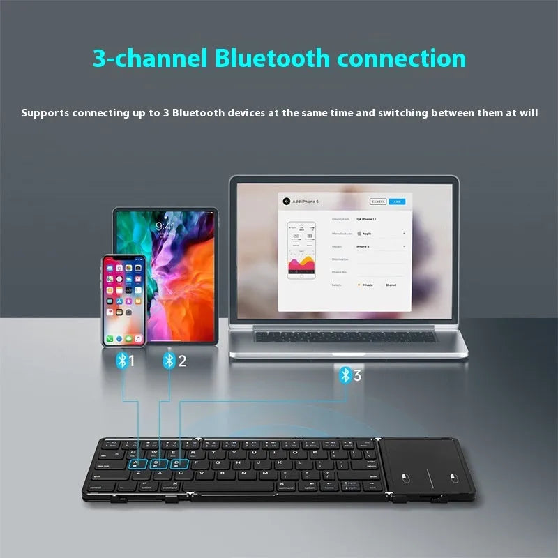 Black folding Bluetooth keyboard for mobile devices with compact dimensions