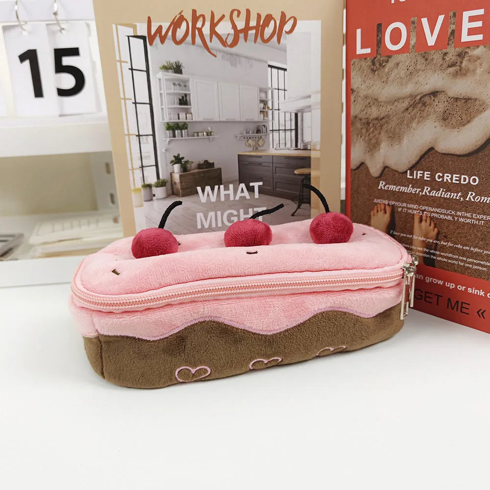 Korean style velvet pencil case in cherry cake plush design with zip closure