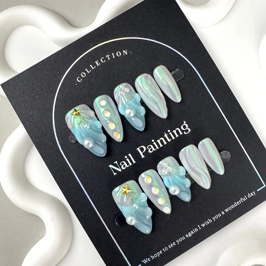 Blue plastic HAILANG shell nail stickers in XS S M L sizes for summer manicures