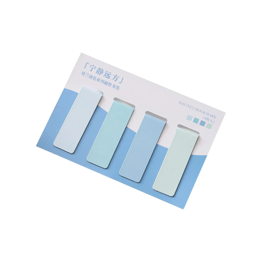 Set of four Morandi Series colour block magnetic bookmarks in pastel shades on a book page.