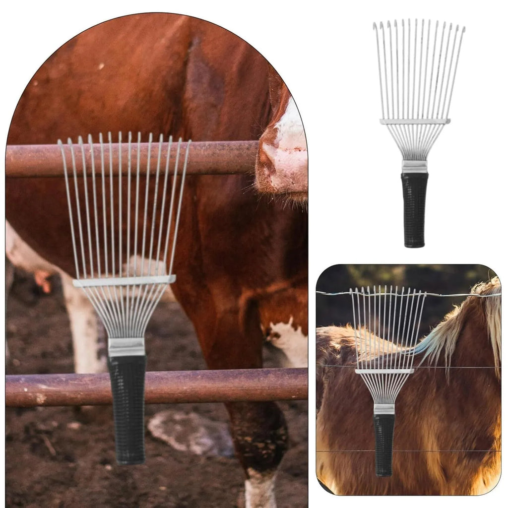 Black stainless steel dematting brush rake comb for pet and horse grooming, 33cm long.