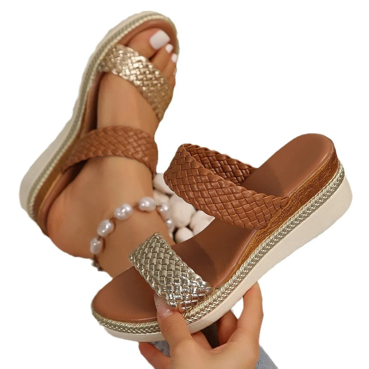 Gold and silver women's plus size wedge sandals with PU upper and rubber sole.