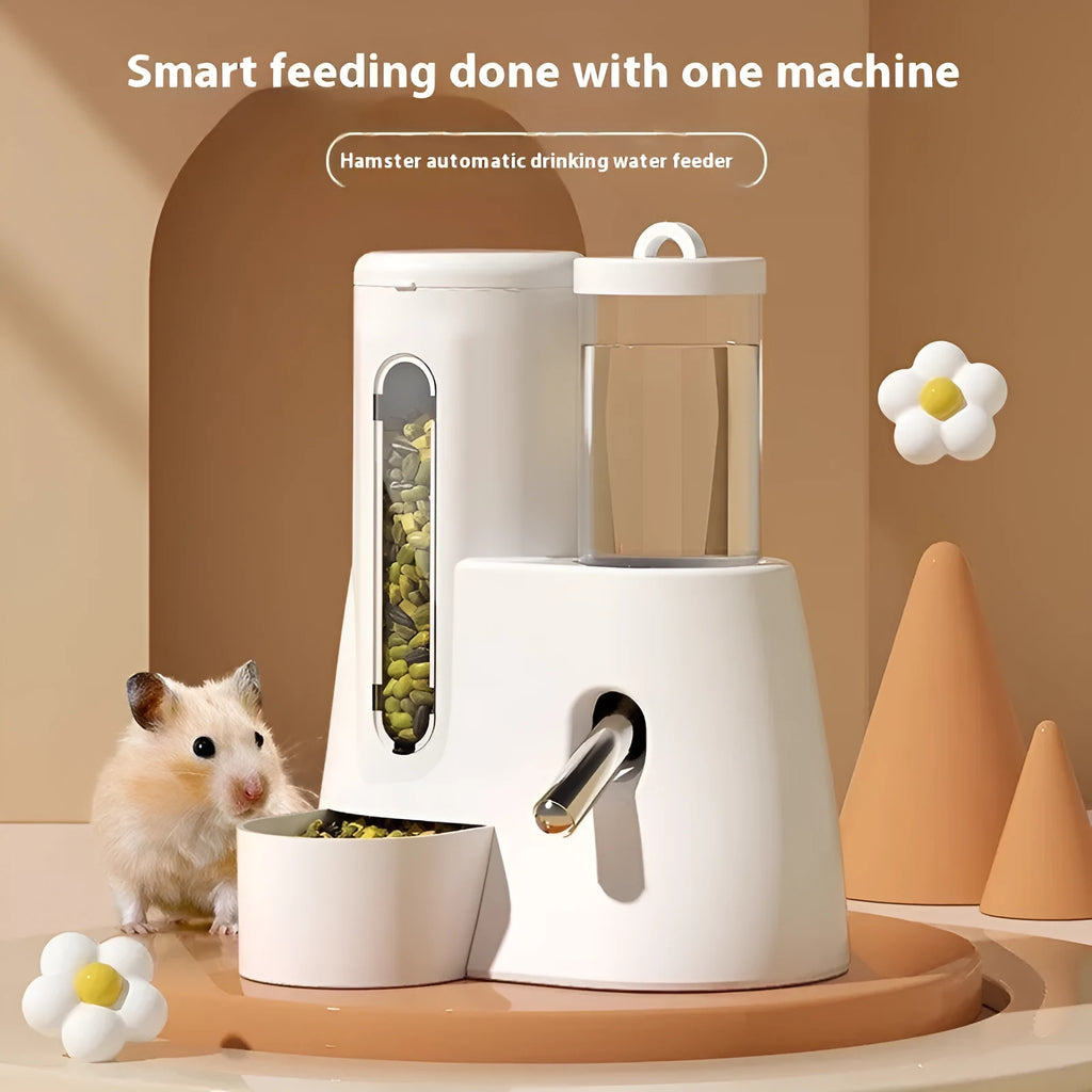 Blue hamster automatic water bottle and dual-compartment white food basin attached together.