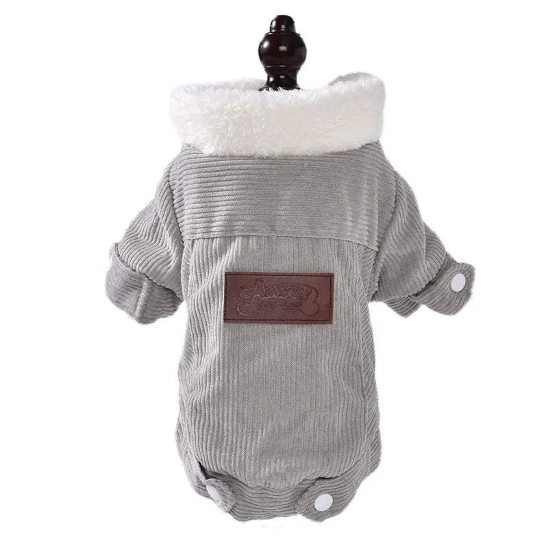 Grey lambswool fleece-lined vest for dogs or cats on a mannequin, showing wool lining and vest style.