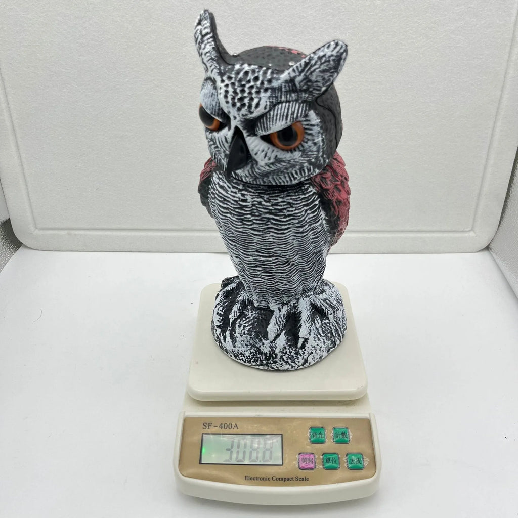 Artificial owl bird scarer ornament with motion features for outdoor garden pest control