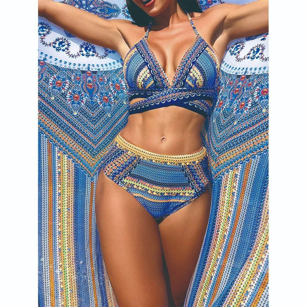 Women's cross bandage three-piece swimsuit with high waist veils design in blue red colour