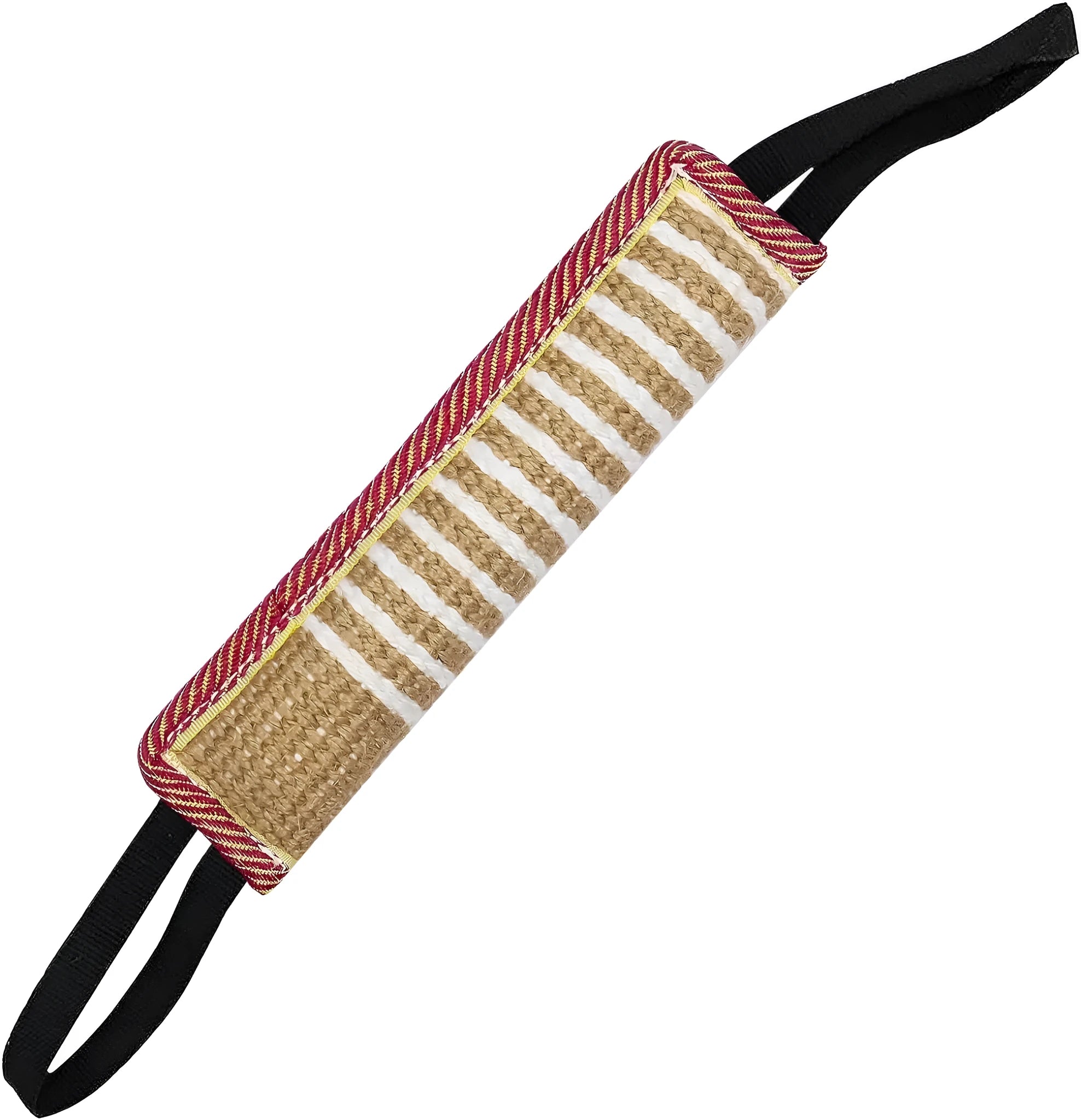 Beige jute dog tug toy with two fabric handles for interactive tug-of-war training