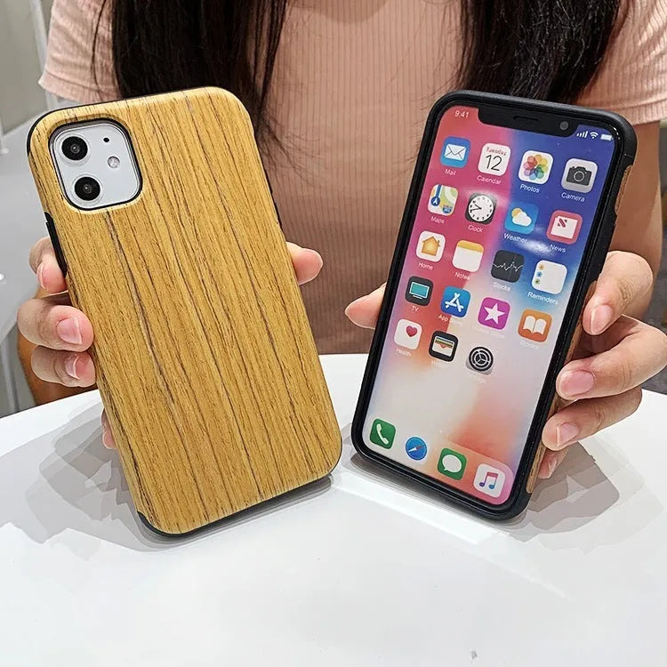 Slim wooden iPhone back cover in natural rosewood, teak, black rose, and walnut finishes