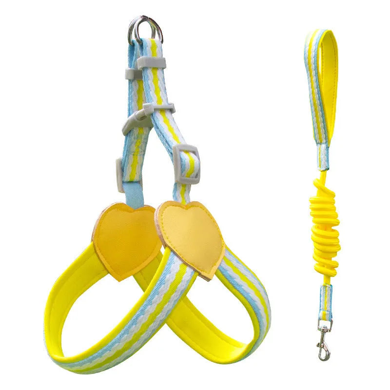 Nylon dog walking vest chest strap with attached rope in emerald green on a dog.