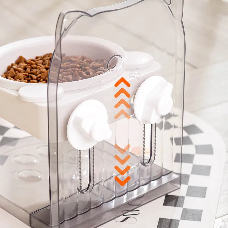 Grey cat feeding bowl with cat ears design and adjustable height mechanism on removable hanging cage
