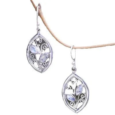 Silver colour leaf-shaped women's earrings with embedded colourful moonstones