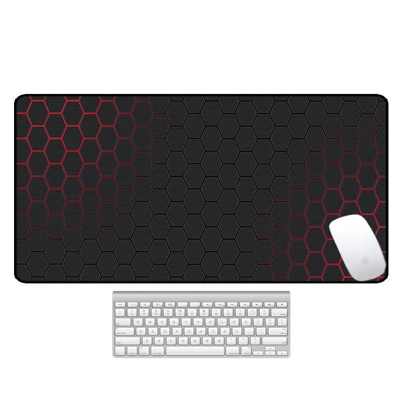 Large natural rubber desk pad with graphic print, showing non-slip base and size options for mouse and keyboard.
