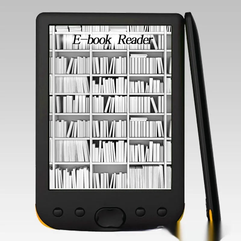Black 6-inch E-ink screen e-book reader showing book display interface
