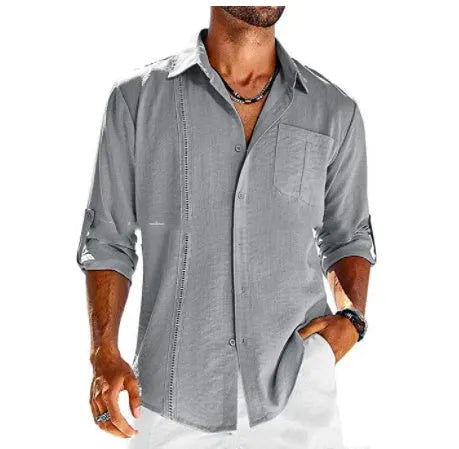 Men's grey long sleeve shirt with polo collar lace detail and button front.
