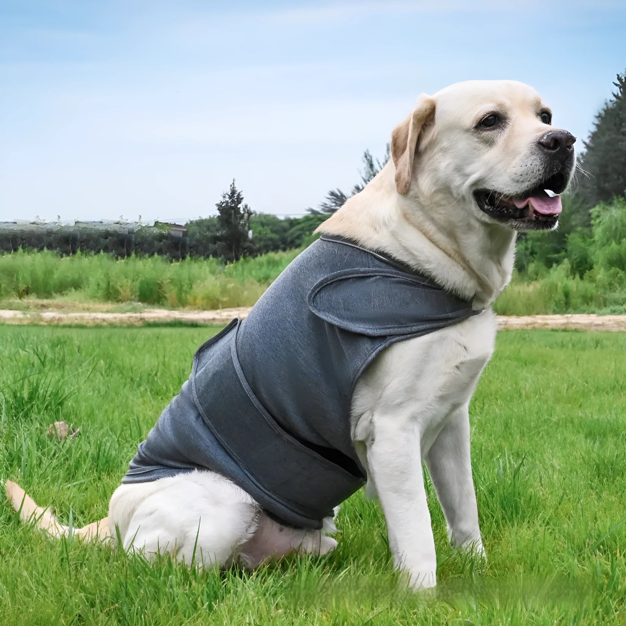 Dog wearing brocade cotton calming tank top for separation anxiety relief in Rose Red colour