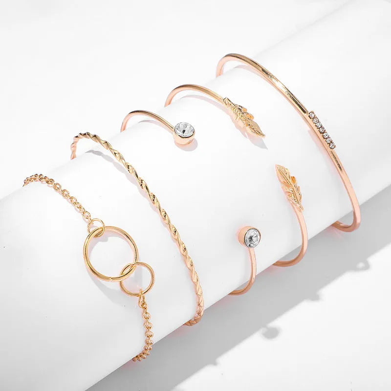 5 piece leaf circle geometric bangle set in gold and silver for women
