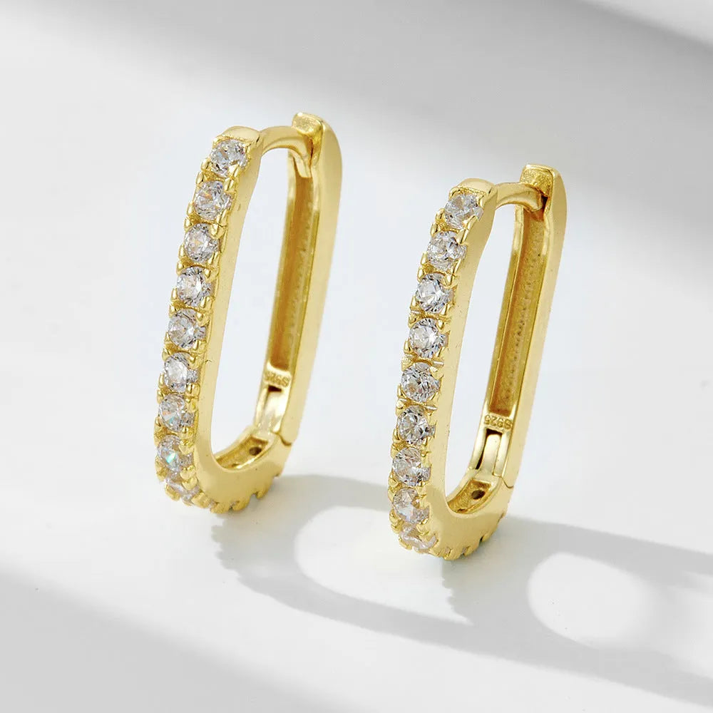 S925 sterling silver oval zircon ear clips with geometric quadrilateral design