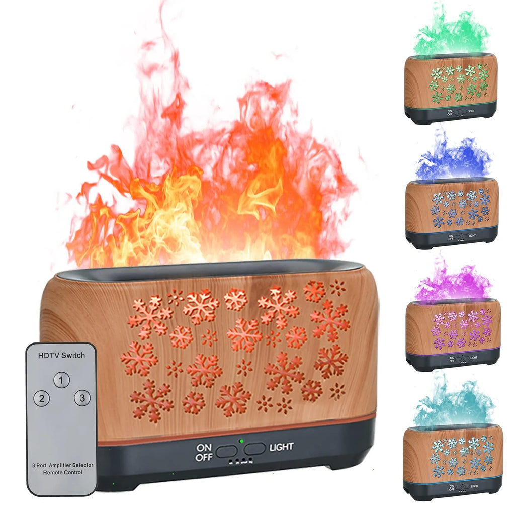 Square Christmas snowflake pattern aromatherapy diffuser with colourful flame effect lighting