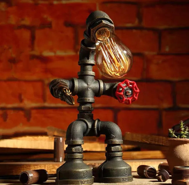 Vintage industrial robot table lamp with iron pipe design and water pipe light filtering