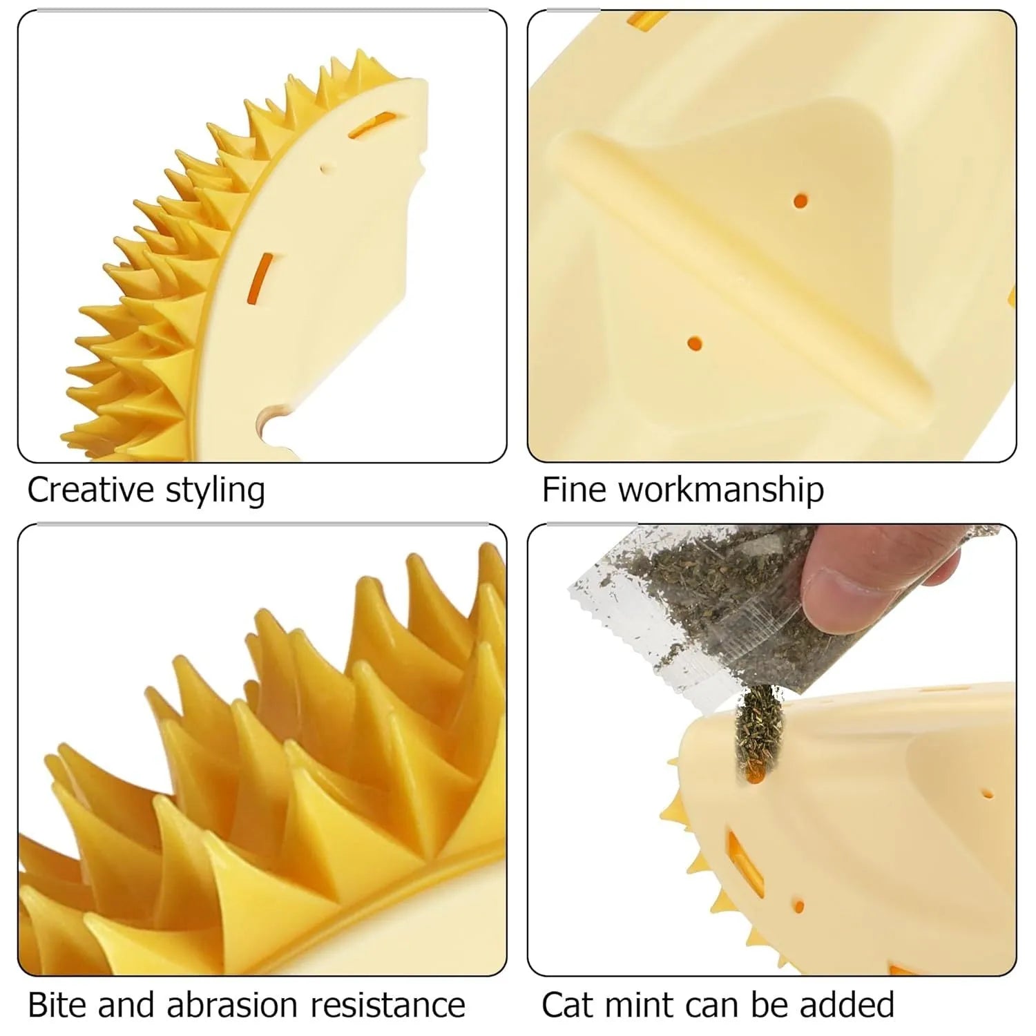 Yellow durian-shaped cat corner scratcher with massage comb for wall mounting