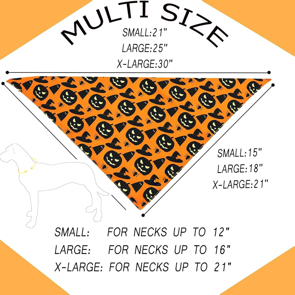 Reversible Halloween dog bandana showing pumpkin and spider web patterns in black and orange colours