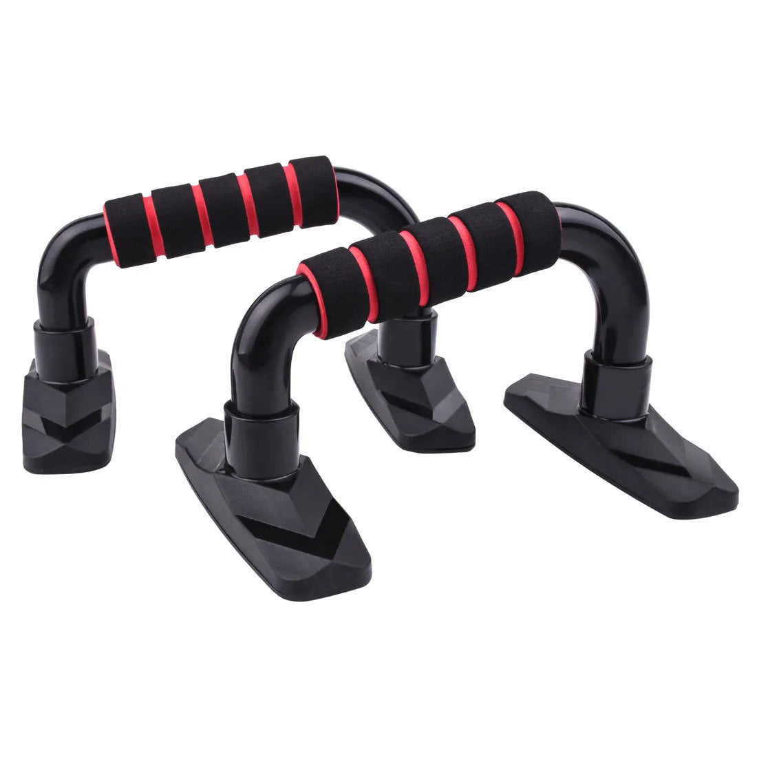 Pair of I-shaped black push up bars with PP sponge grips for home strength training.