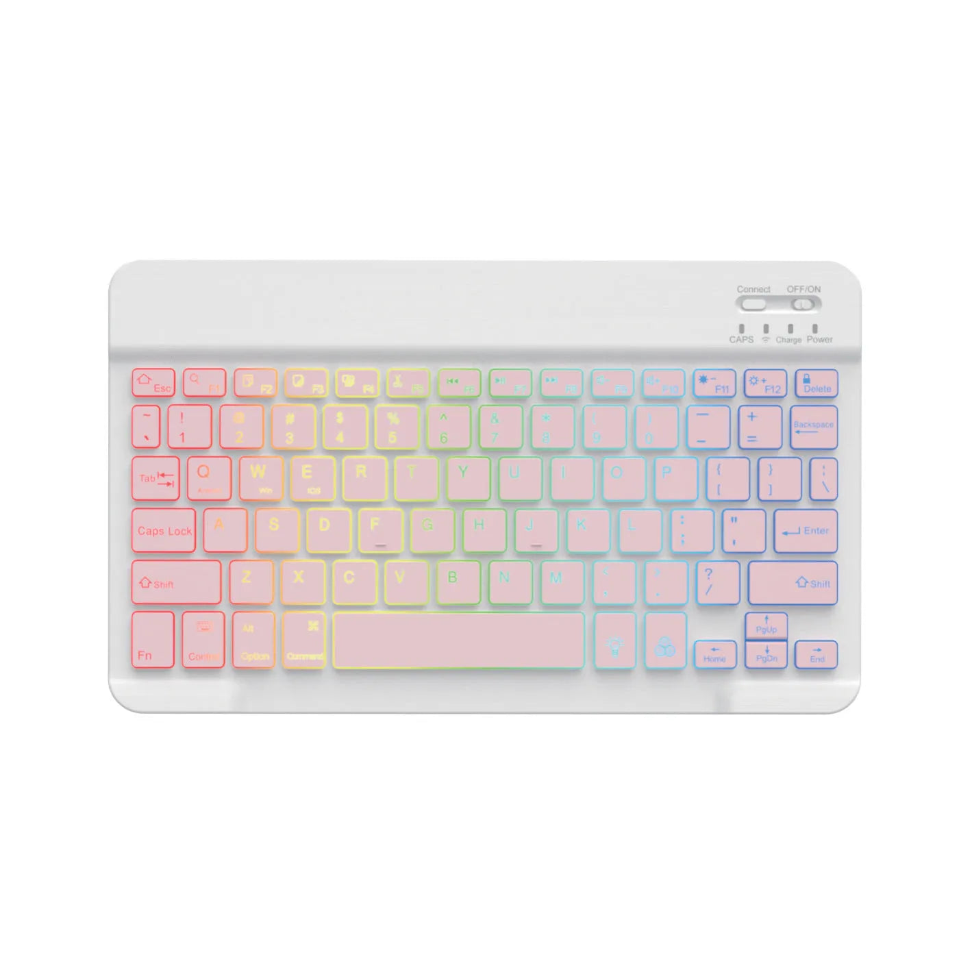 10-inch backlit Bluetooth keyboard for tablets showing eight colour options including black, white, pink, blue, green, purple, yellow, dark green