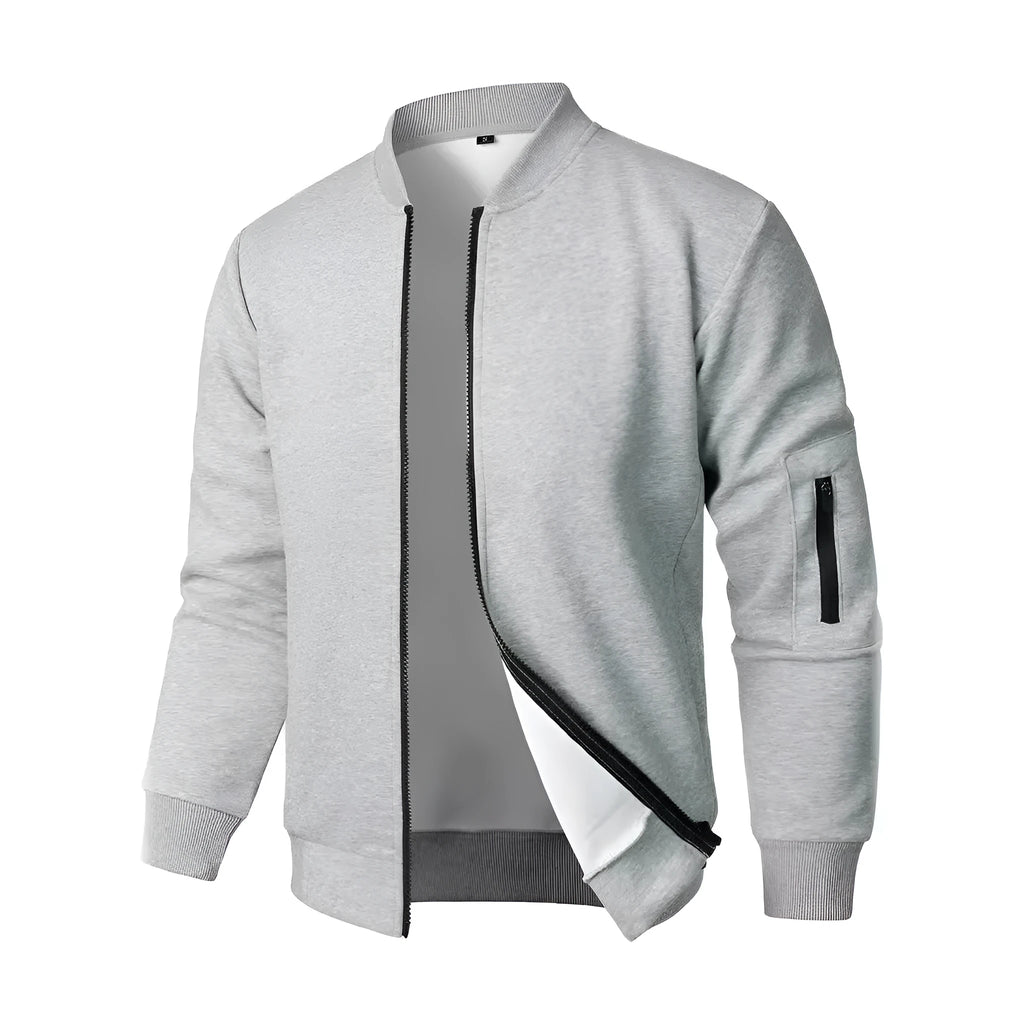 A man's loose-fit knitted jacket in a light business style, shown in a grey colour.