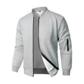 A man's loose-fit knitted jacket in a light business style, shown in a grey colour.
