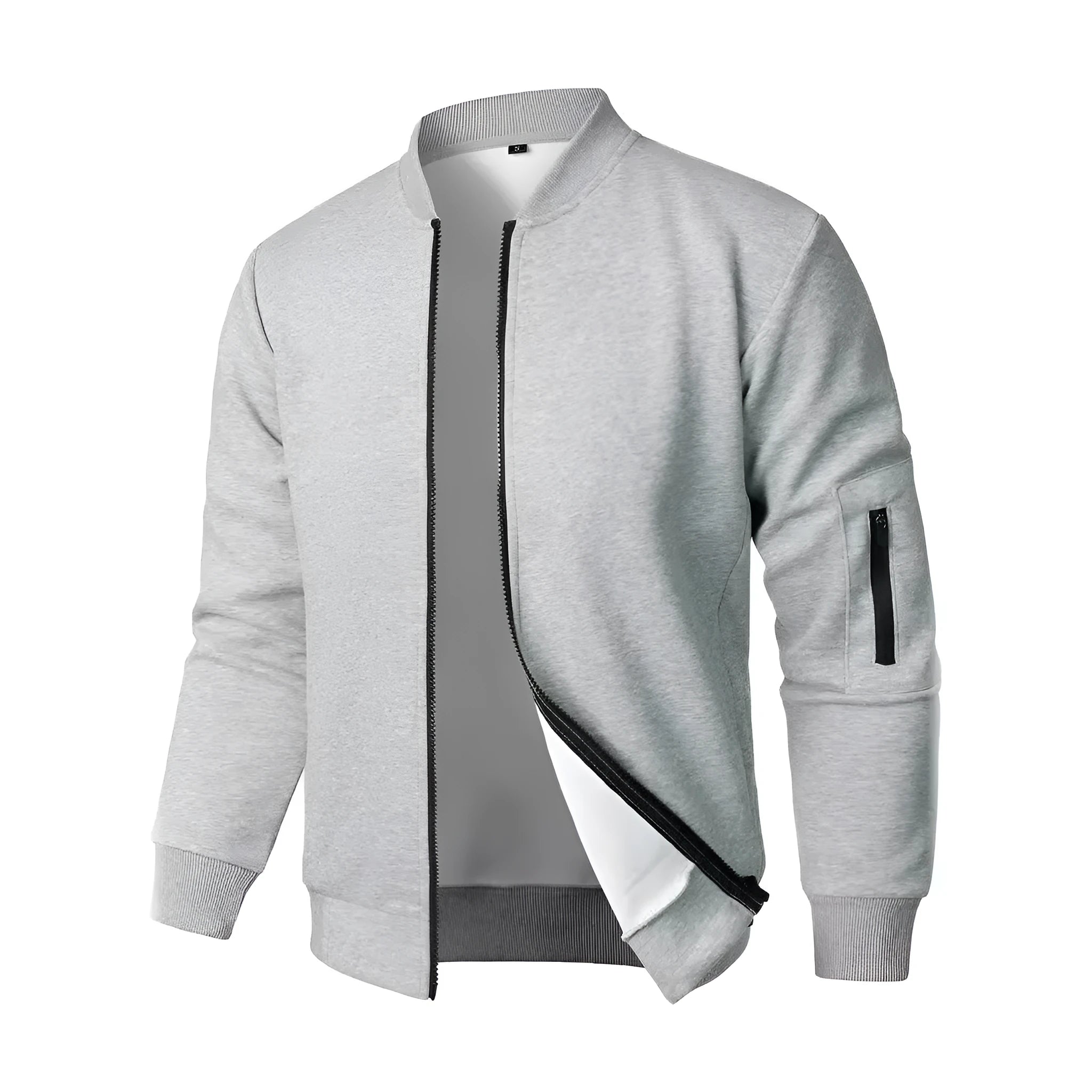 A man's loose-fit knitted jacket in a light business style, shown in a grey colour.