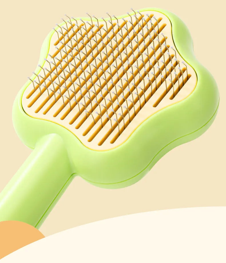 Green self-cleaning cat grooming comb with stainless steel needles and four adjustable comb types