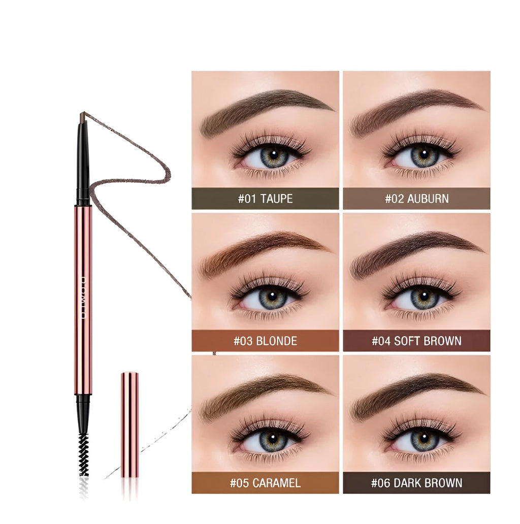 Eyebrow makeup pencil in colour box packaging showing six natural shade options