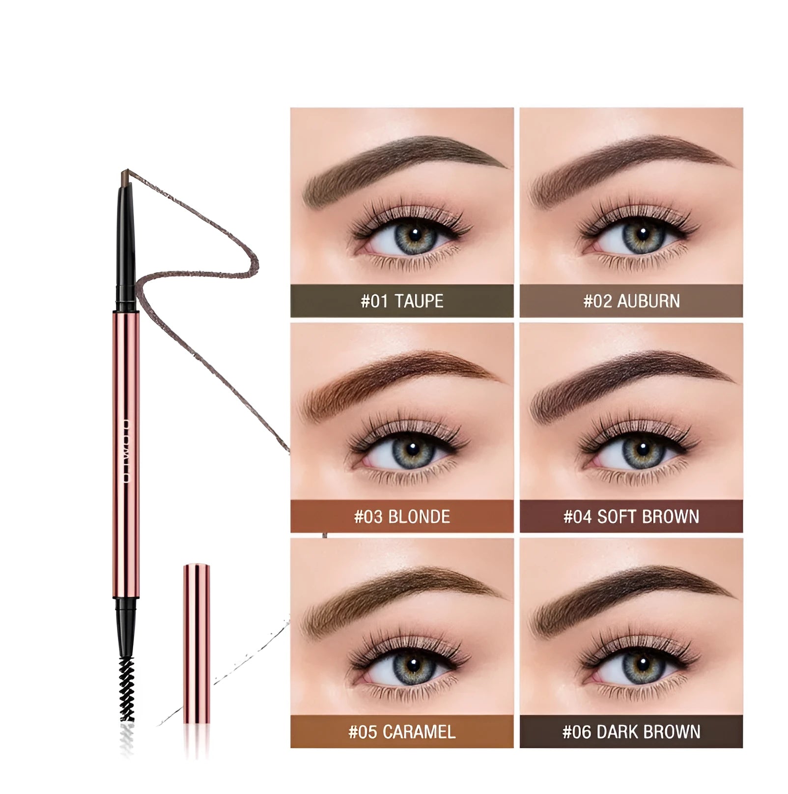 Eyebrow makeup pencil in colour box packaging showing six natural shade options