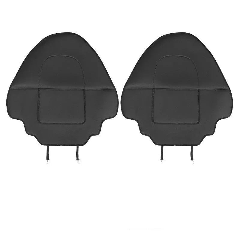 Black leather rear anti kick pad for car seat protection, showing single pocket and dimensions.
