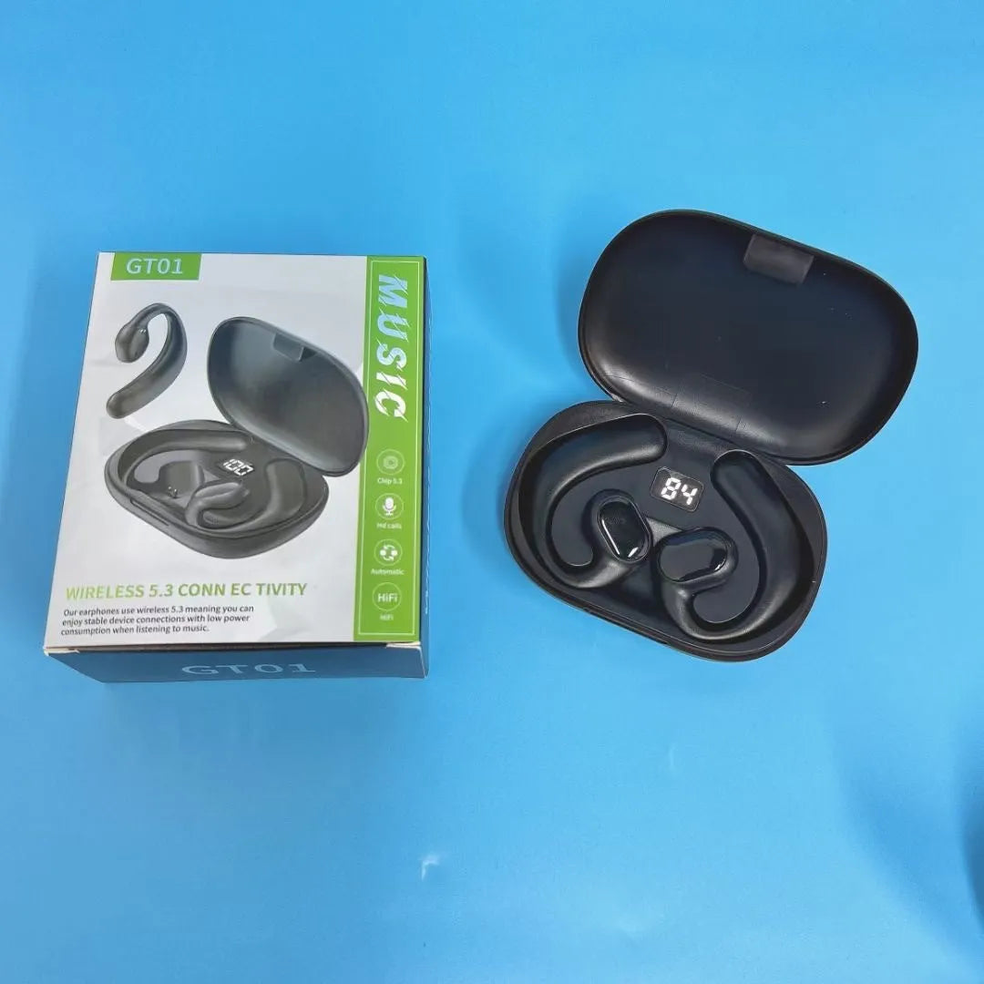 Black and white ear-mounted Bluetooth headset with digital display screen on the side