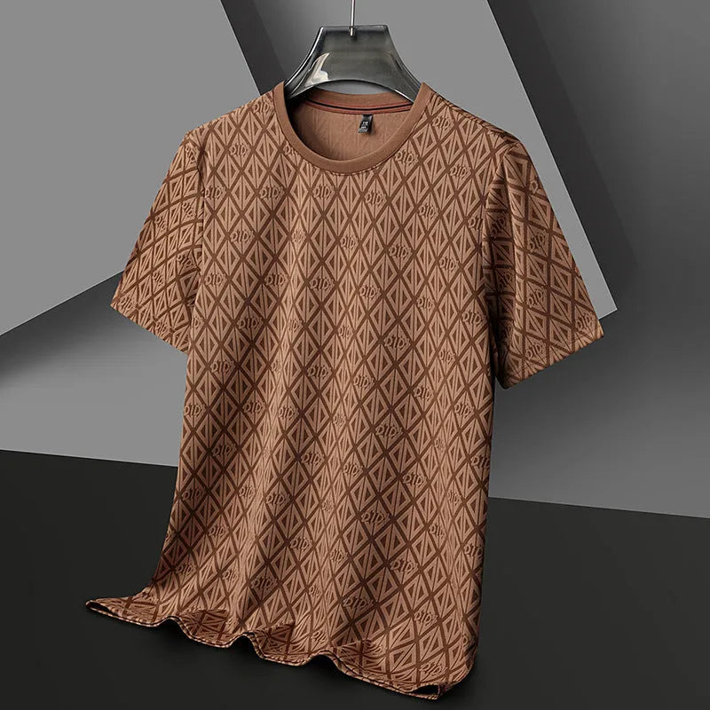 Men's round neck jacquard short sleeve t-shirt in ice silk fabric, loose fit casual pullover