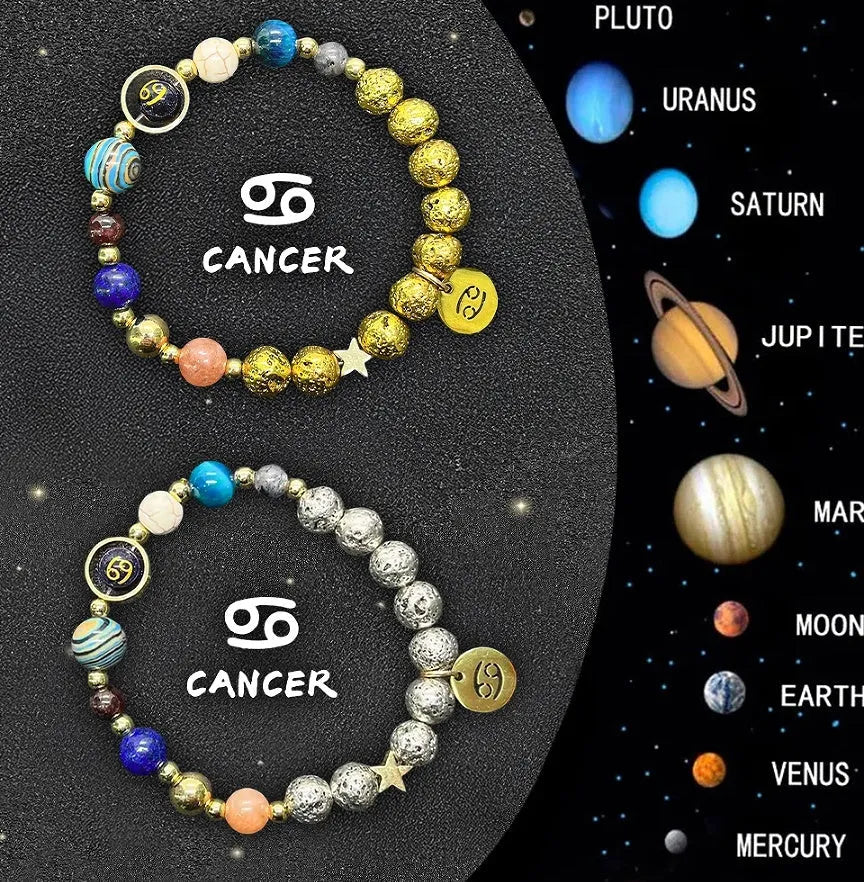 Two natural stone beaded bracelets on a surface, representing zodiac signs from the complete twelve-sign set.