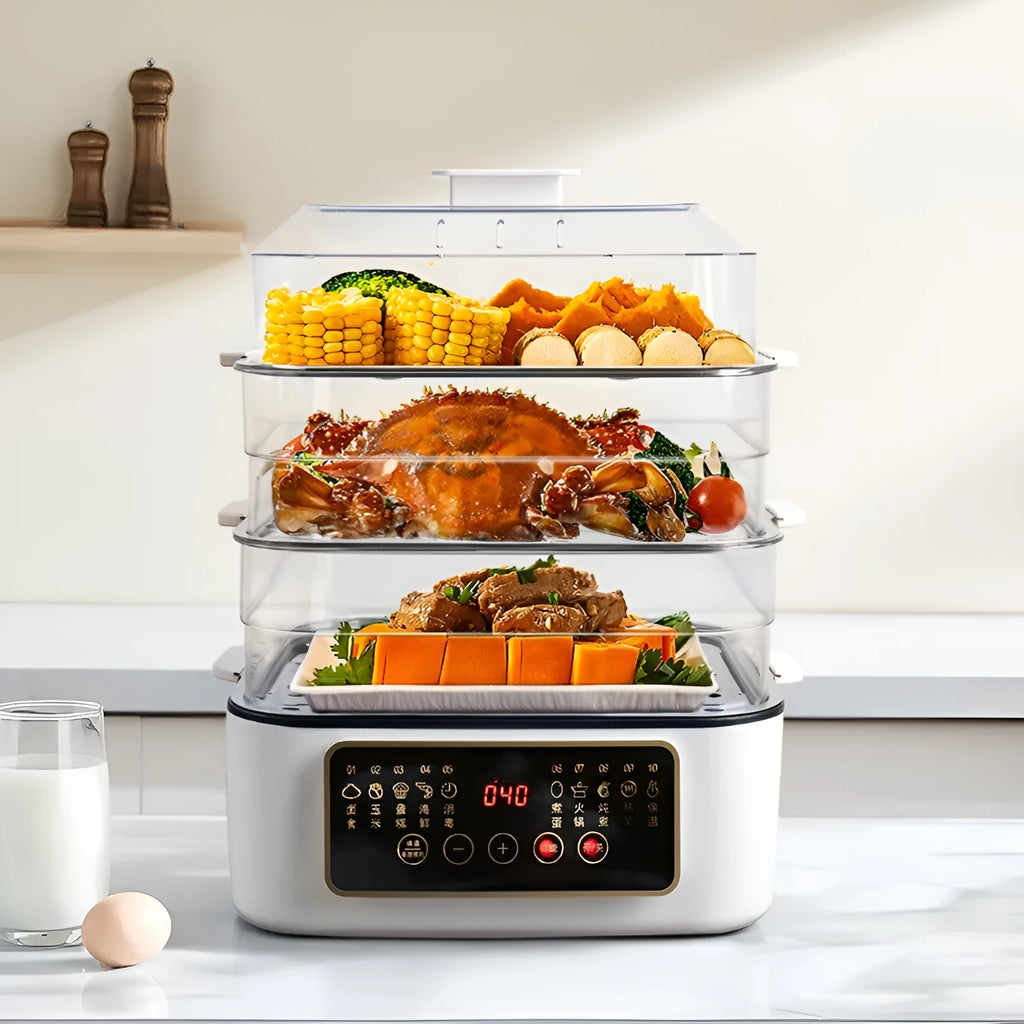 28 litre electric kitchen steamer with stainless steel rack and automatic measuring function