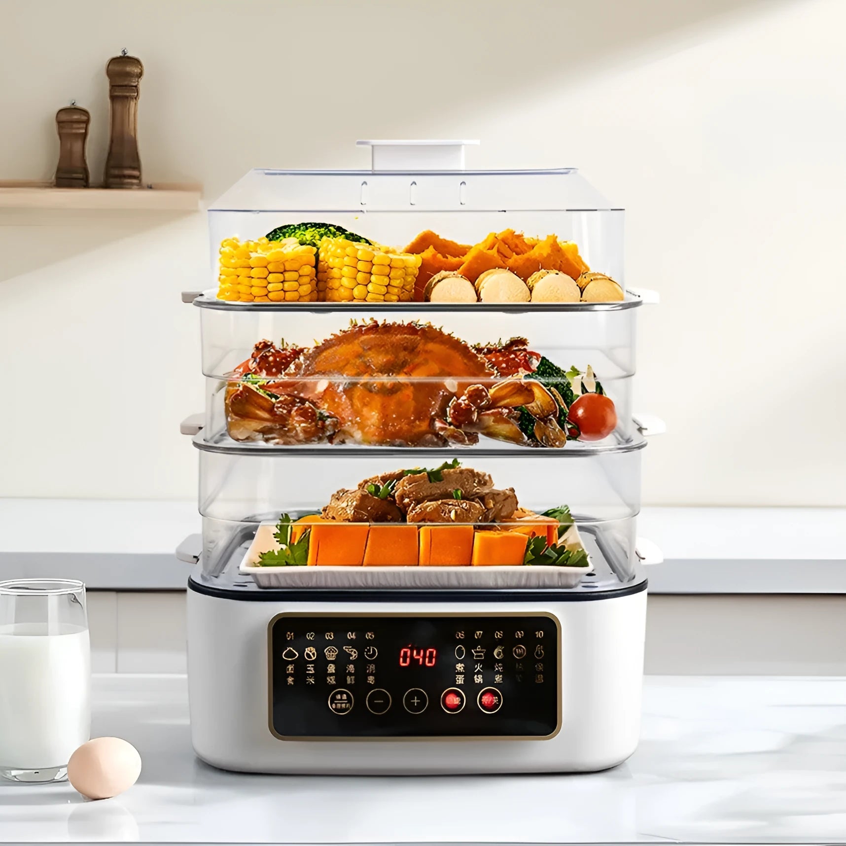 28 litre electric kitchen steamer with stainless steel rack and automatic measuring function