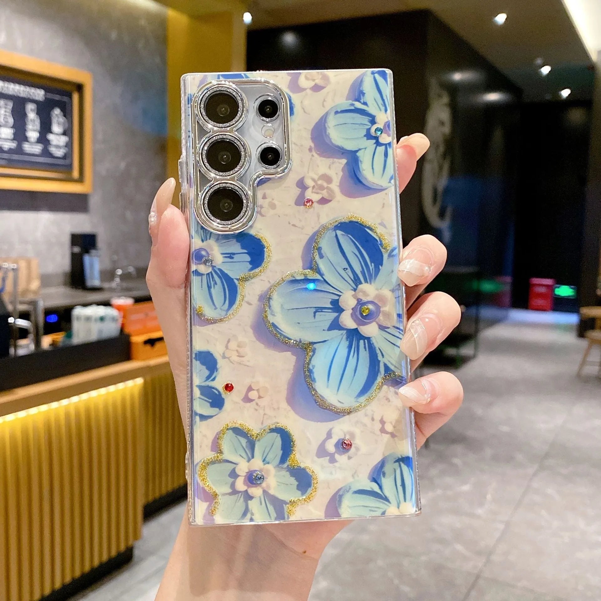 Luxury rhinestone oil painting flower phone case for Samsung with electroplating finish in blue on white background pattern