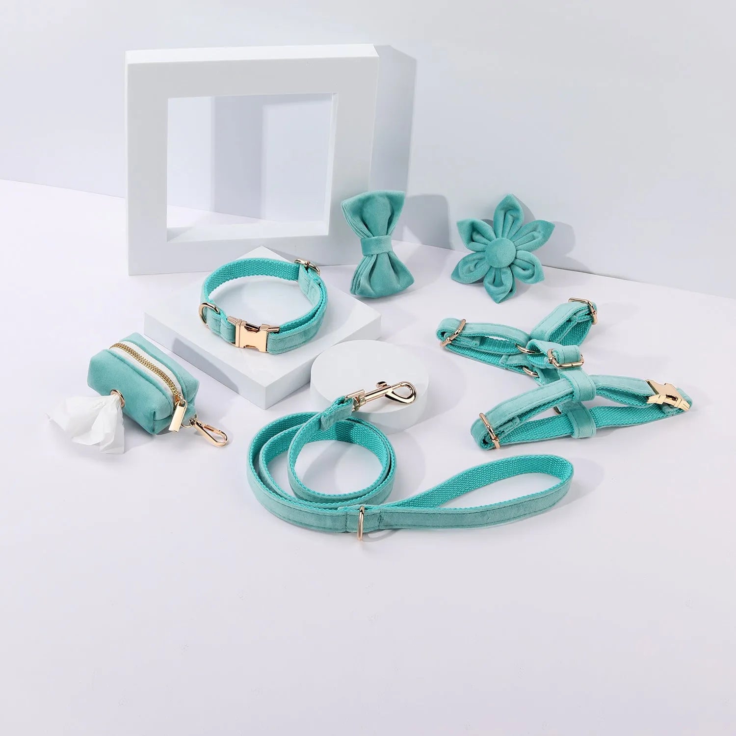 Classic velvet soft pet collar traction rope set with matching harness and accessories in multiple colour options