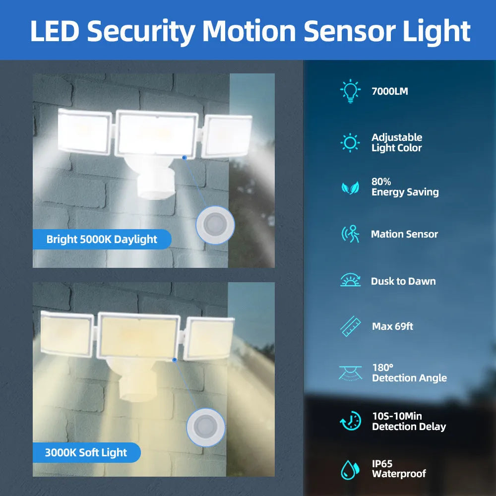 120V LED security flood light with motion sensor in white or black finish for outdoor wall or ceiling mounting