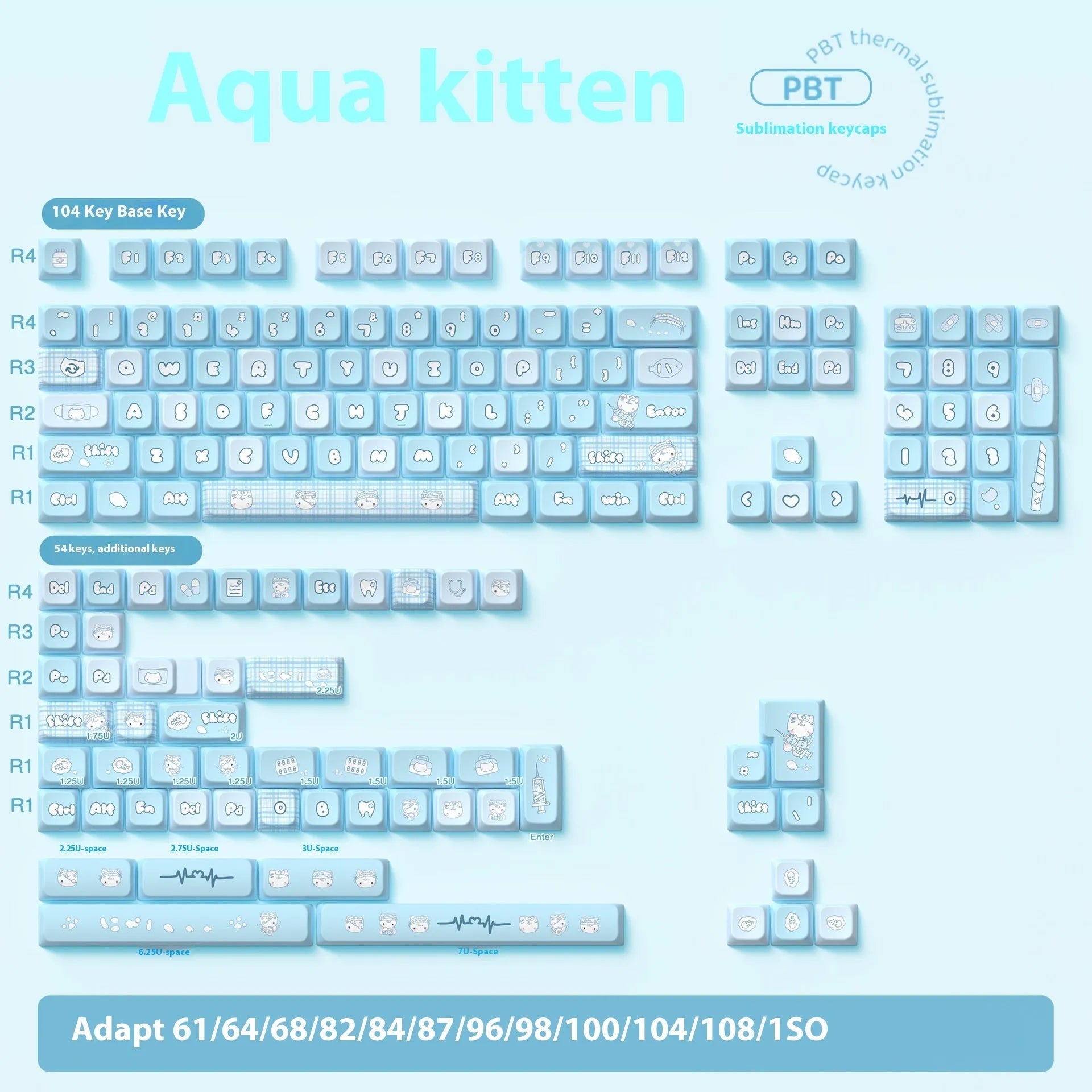 Watercolour kitten illustration custom keycap set for mechanical keyboard, showing multiple PTB keys with opaque legends.