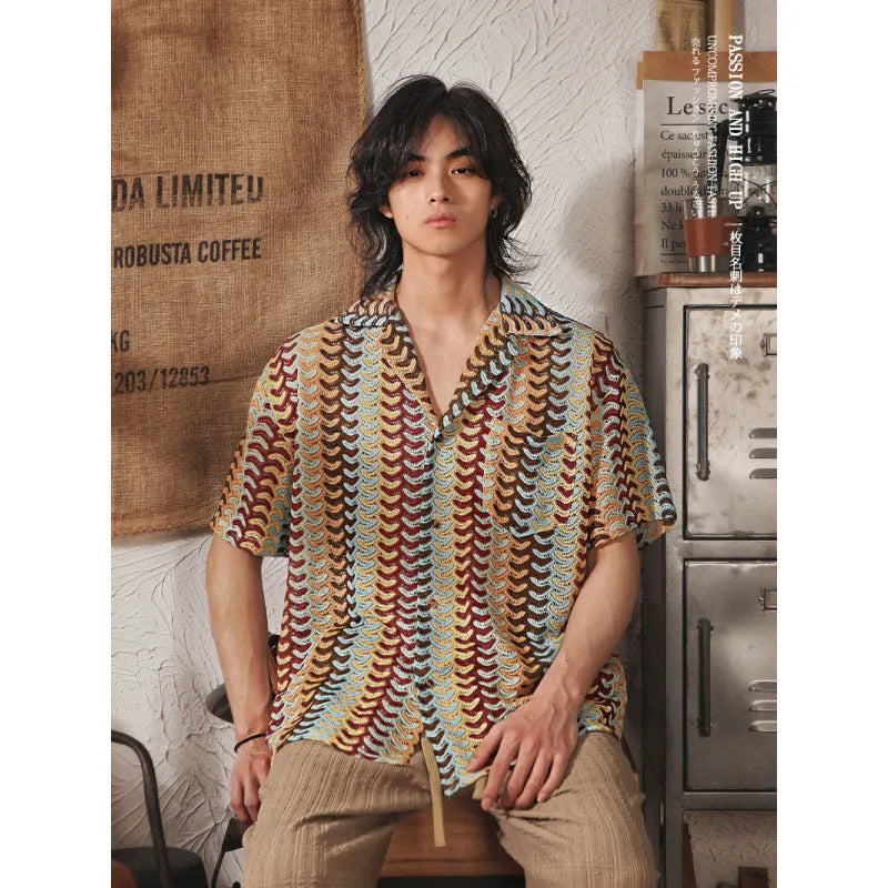 Grey Japanese-style men's shirt with a Cuban collar and textured jacquard pattern, short sleeves.